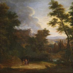 Dipinto paesaggio fiammingo con figure del XVII secolo, l'apparizione di Gesù sulla via di Emmaus